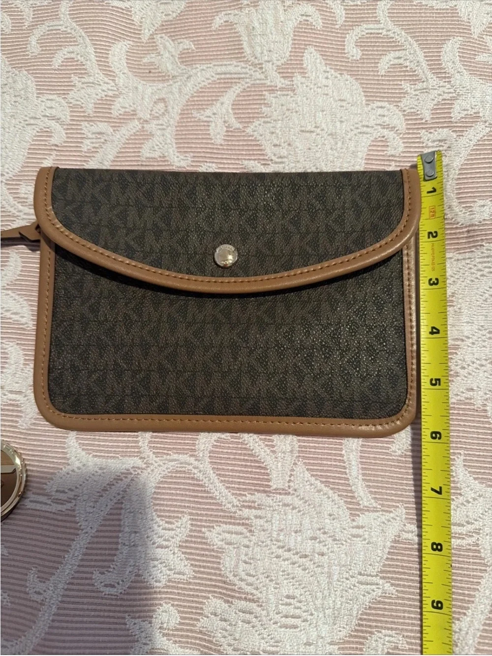 Michael Kors Brown Signature Logo Wristlet with Tan Trim